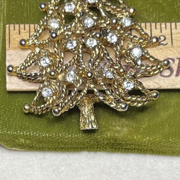 Vintage Christmas Tree Brooch Pin Jeanne Signed Gold Rope Rhinestone MCM 50s - Picture 8 of 9